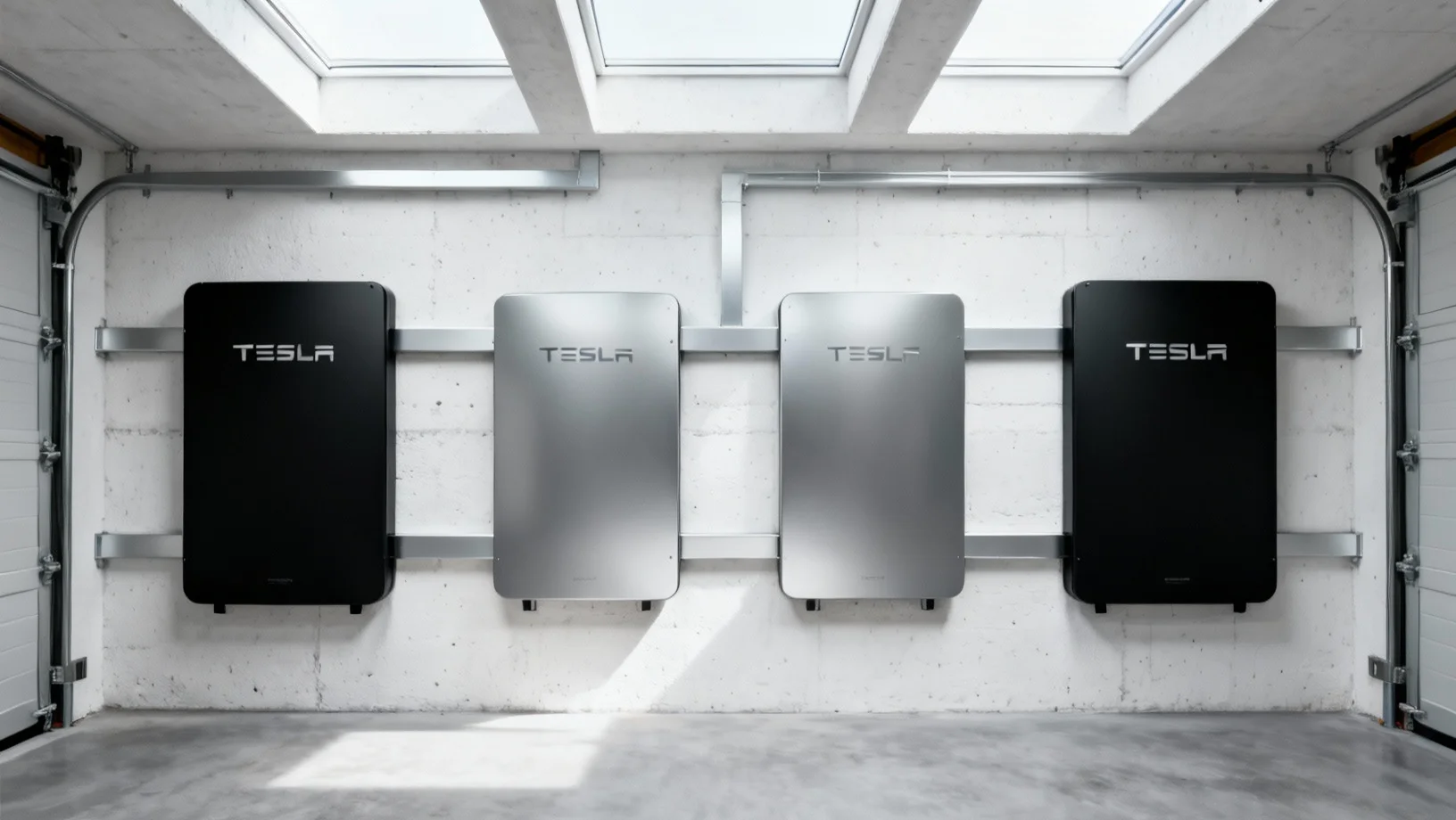 Maison moderne avec panneaux solaires, batterie Tesla Powerwall et système de monitoring smart home