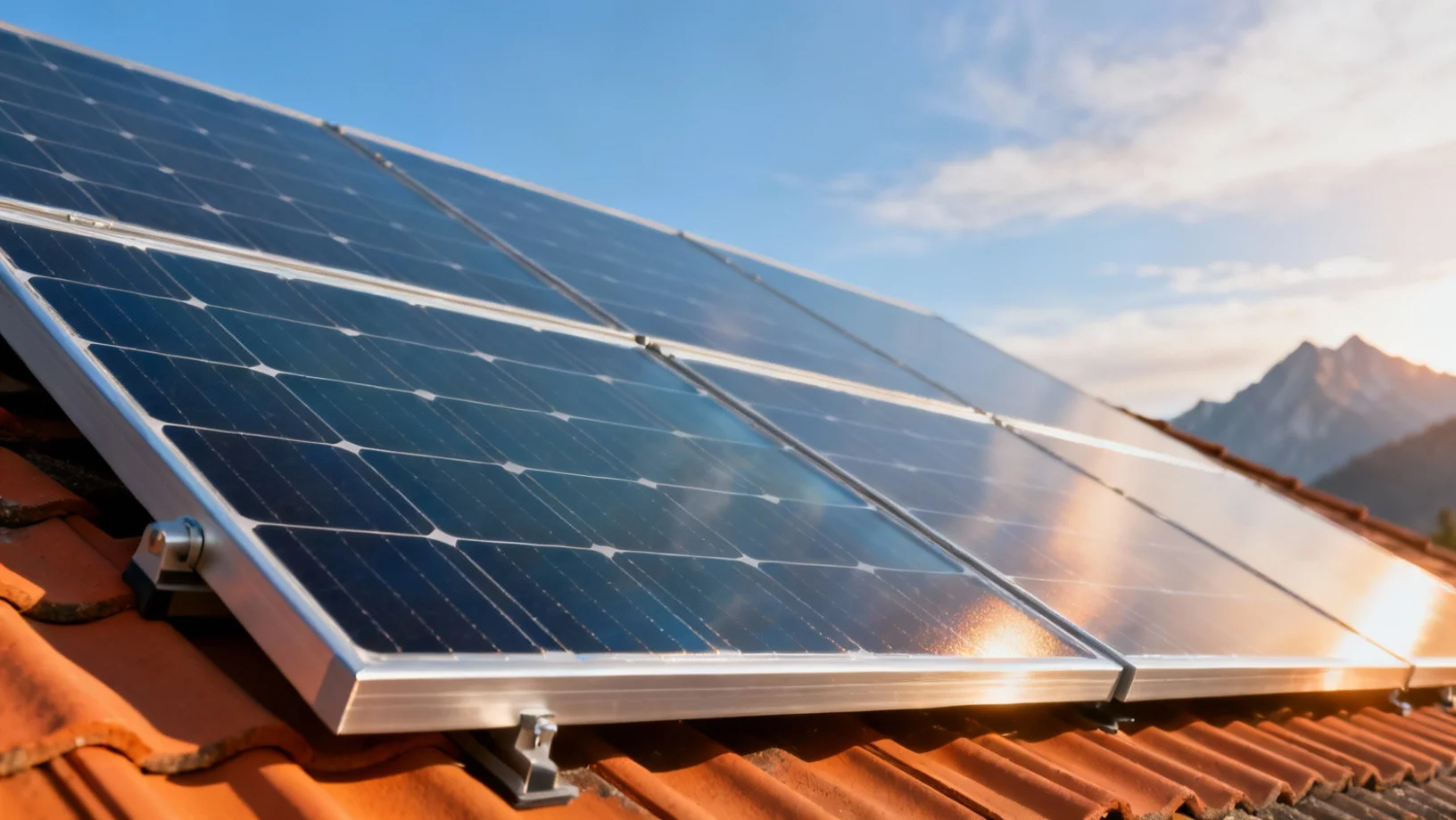 Panneaux solaires monocristallins installés sur le toit d'une maison suisse avec vue sur les Alpes