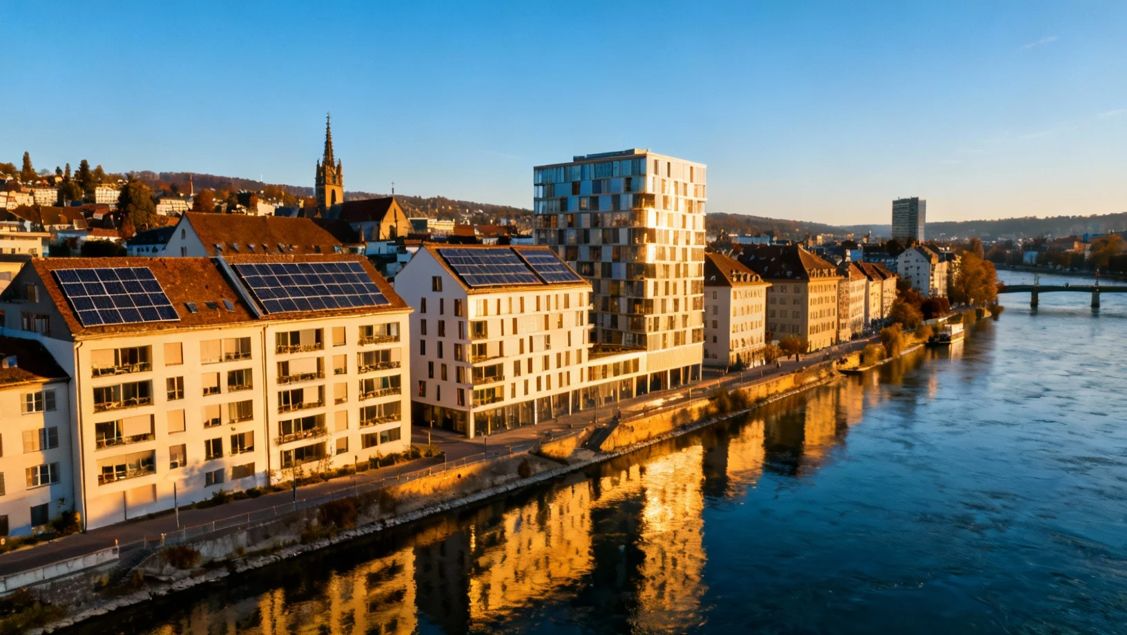 Centre-ville de Bâle avec le Rhin et architecture moderne équipée de panneaux solaires