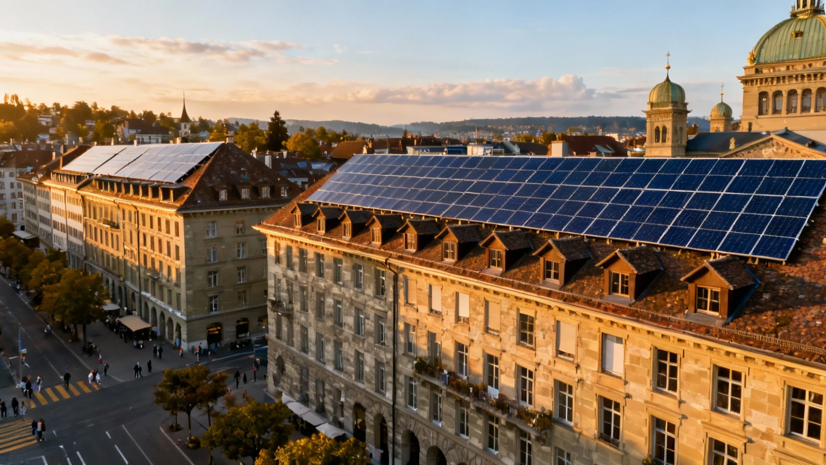 Vieille ville de Berne avec la rivière Aar et toits équipés de panneaux solaires