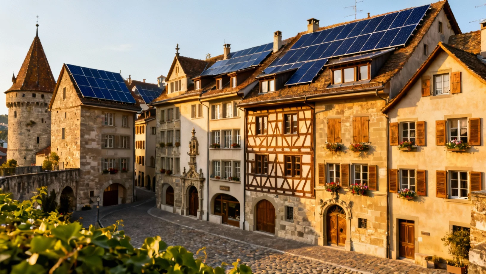 Panorama des Préalpes fribourgeoises avec fermes et installations photovoltaïques