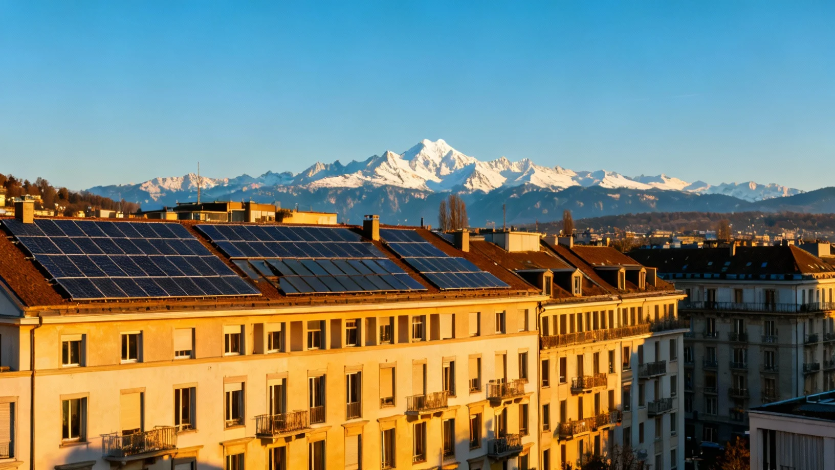 Skyline de Genève avec le jet d'eau et les toits équipés de panneaux solaires