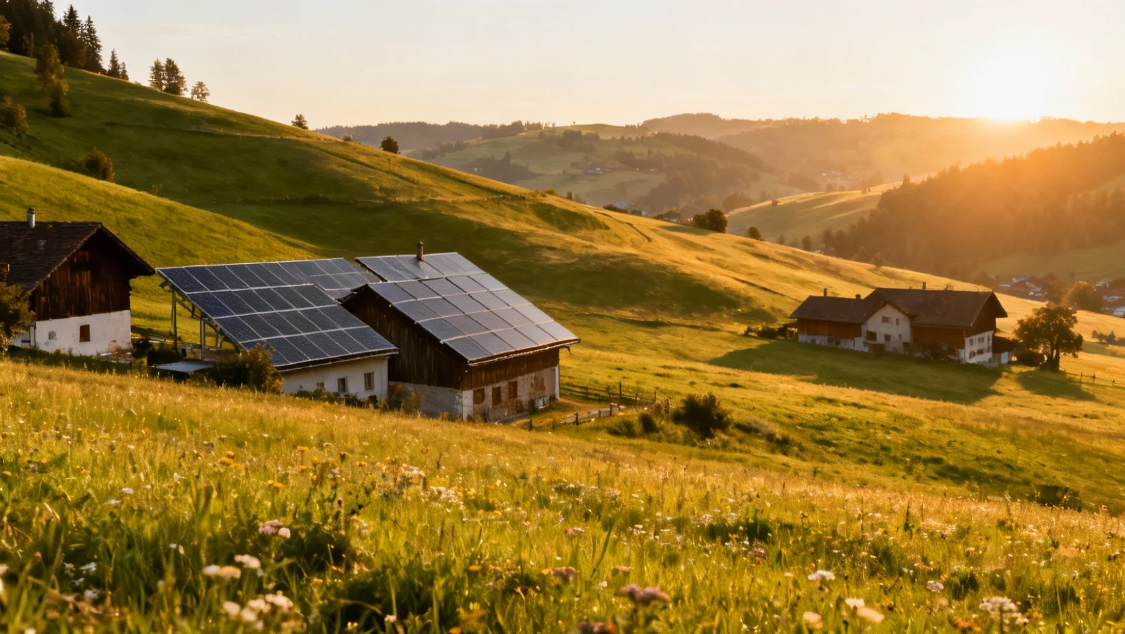Paysage vallonné du Jura suisse avec fermes traditionnelles et panneaux solaires