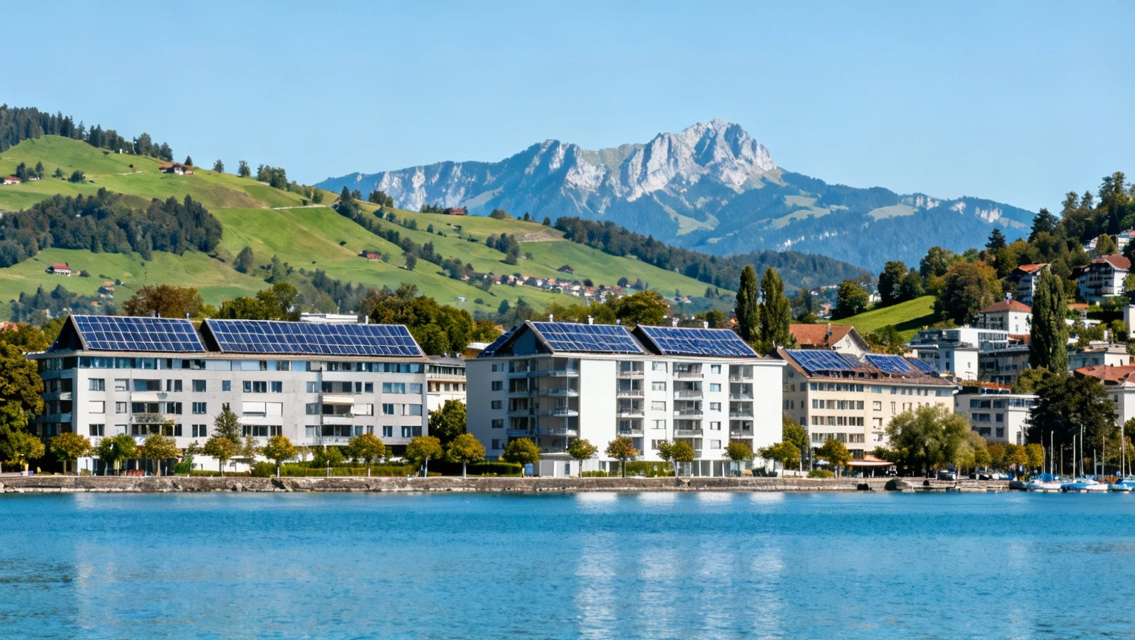 Vue du lac de Neuchâtel et des montagnes du Jura avec maisons équipées de panneaux solaires
