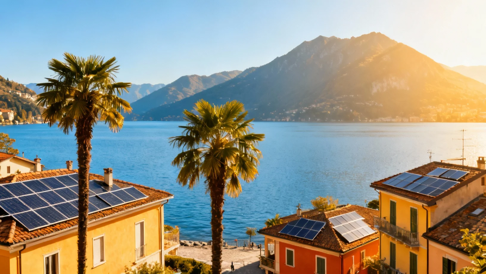 Paysage du Tessin avec palmiers, lac et montagnes sous le soleil méditerranéen