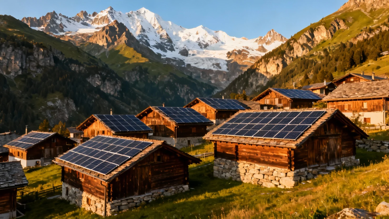 Panneaux solaires sur les toits des chalets suisses avec les Alpes en arrière-plan