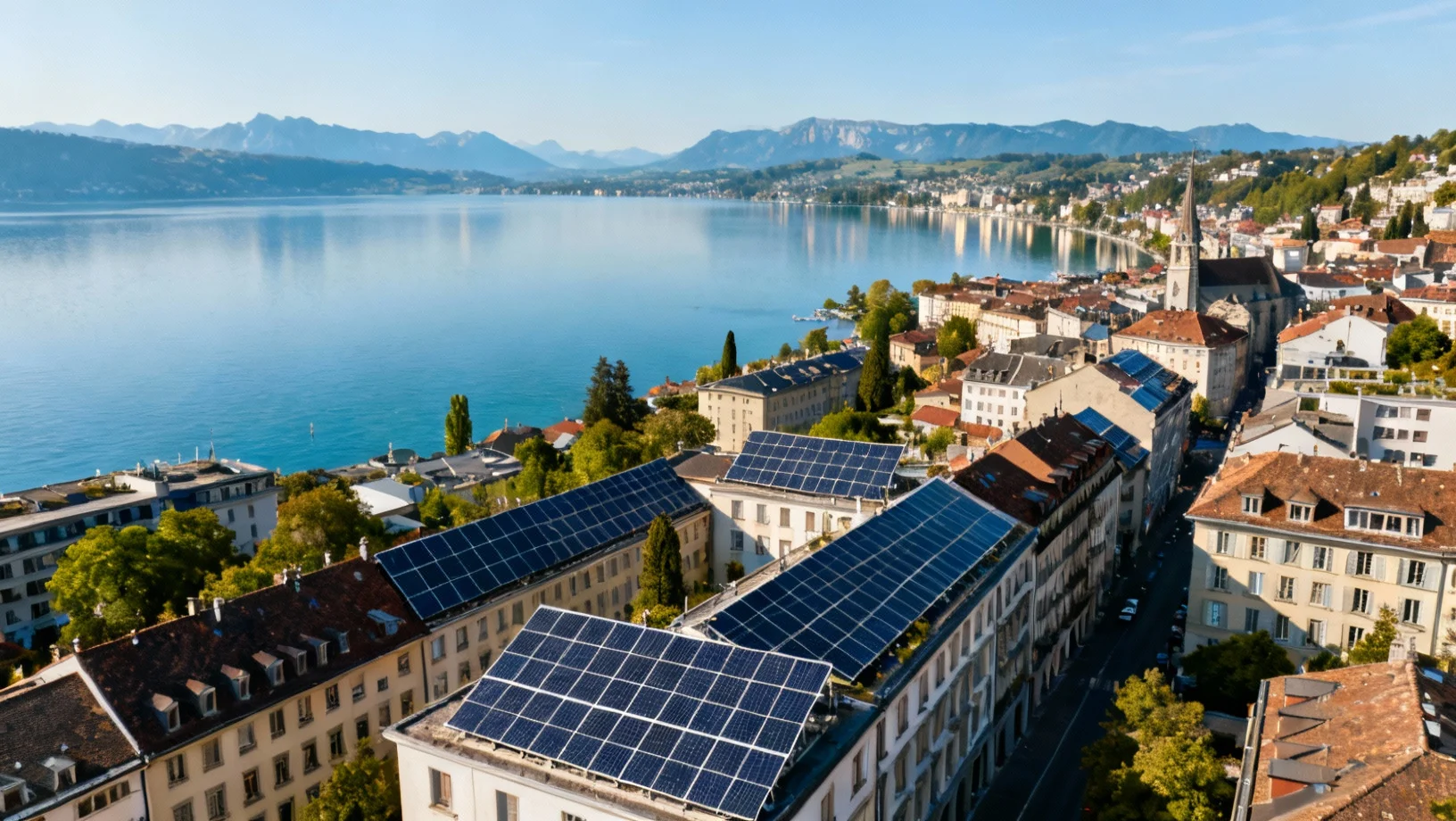 Vue panoramique du lac Léman et des vignobles de Lavaux avec panneaux solaires