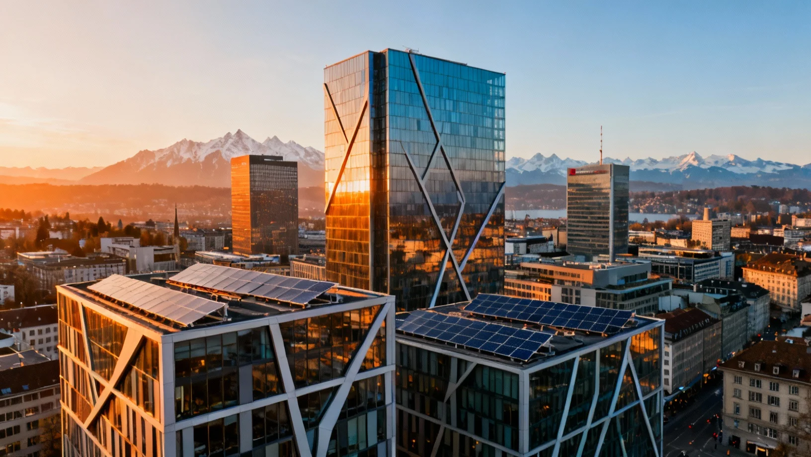Vue de Zurich avec le lac et les Alpes en arrière-plan, toits modernes avec panneaux solaires