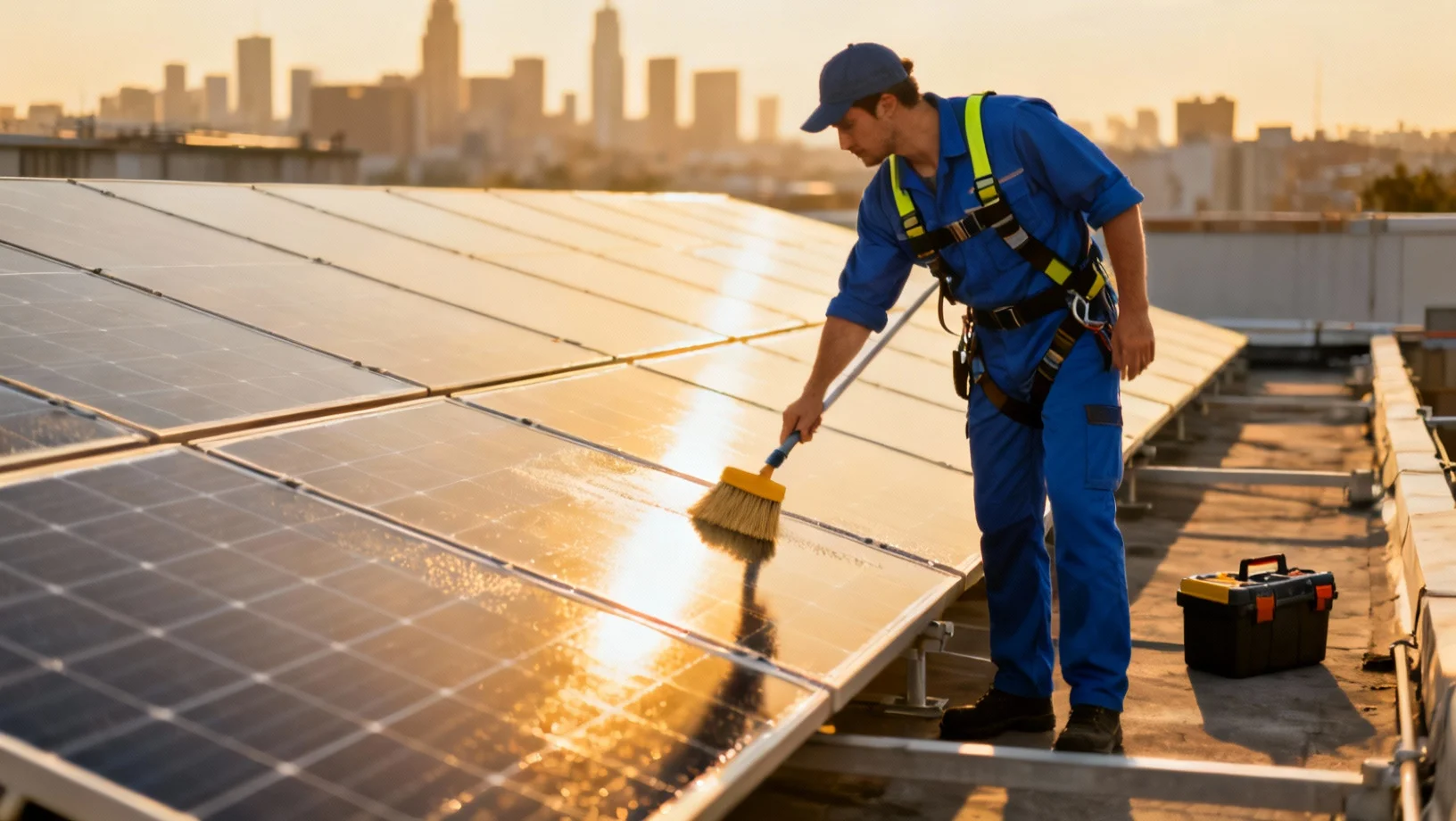 Technicien certifié Swissolar effectuant la maintenance et le nettoyage de panneaux solaires sur un toit en Suisse